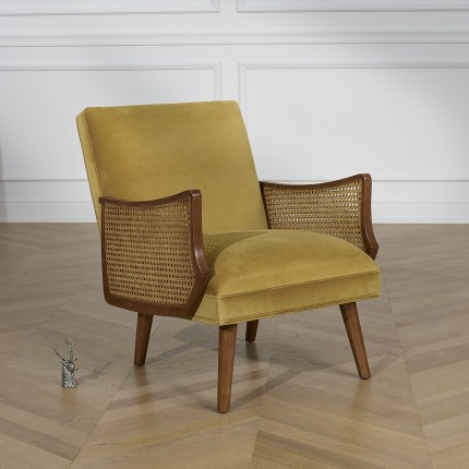 CUBA - Nordic style armchair in velvet, solid wood, and rattan armrests, 1 seat