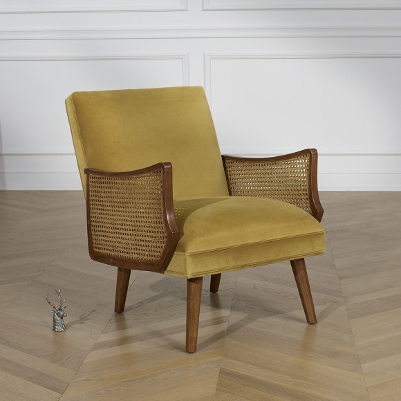 CUBA - Sillón de estilo nórdico en terciopelo, madera maciza y reposabrazos de rejilla, 1 plaza