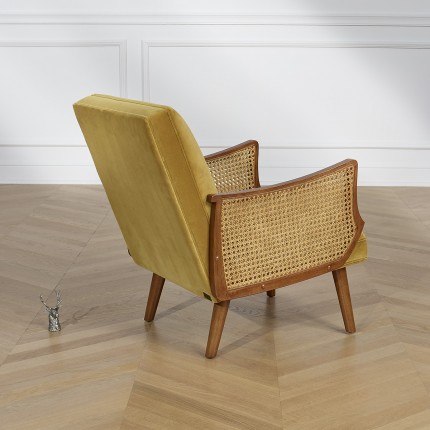 CUBA - Nordic style armchair in velvet, solid wood, and rattan armrests, 1 seat