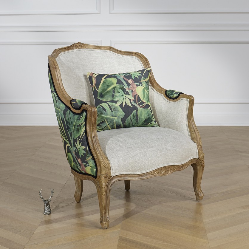 VICTOR JUNGLE - Romantic style bergère armchair in wood, linen, and printed fabric, 1 seat