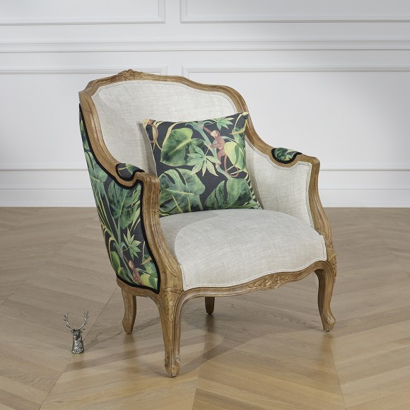 VICTOR JUNGLE - Sillón bergère estilo romántico de madera, lino y tela estampada, 1 plaza