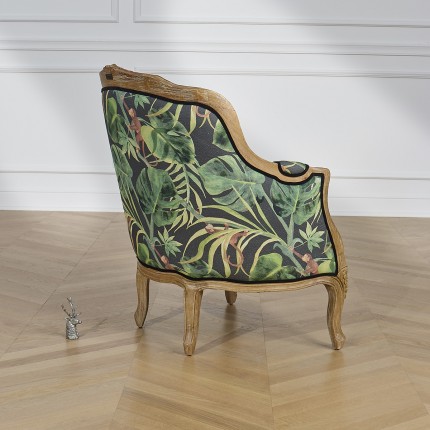 VICTOR JUNGLE - Sillón bergère estilo romántico de madera, lino y tela estampada, 1 plaza