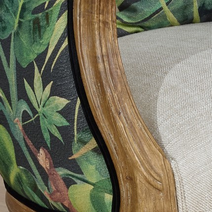 VICTOR JUNGLE - Sillón bergère estilo romántico de madera, lino y tela estampada, 1 plaza