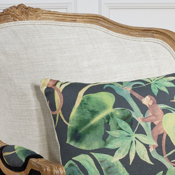 VICTOR JUNGLE - Sillón bergère estilo romántico de madera, lino y tela estampada, 1 plaza