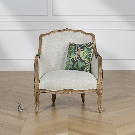 VICTOR JUNGLE - Sillón bergère estilo romántico de madera, lino y tela estampada, 1 plaza