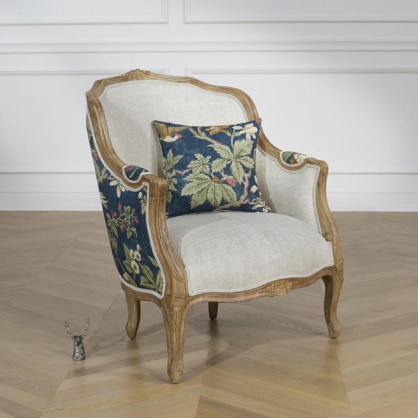 VICTOR LOPHURA - Fauteuil bergère style shabby chic en bois massif et lin premium, 1 place