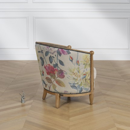 CAROLE ROSE SAUVAGE - Romantic style barrel chair in wood, premium linen, and floral fabric, single seat