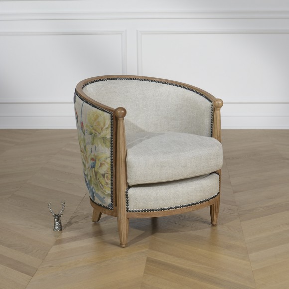 CAROLE ROSE SAUVAGE - Romantic style barrel chair in wood, premium linen, and floral fabric, single seat