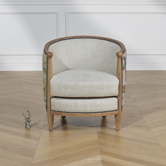 CAROLE ROSE SAUVAGE - Romantic style barrel chair in wood, premium linen, and floral fabric, single seat