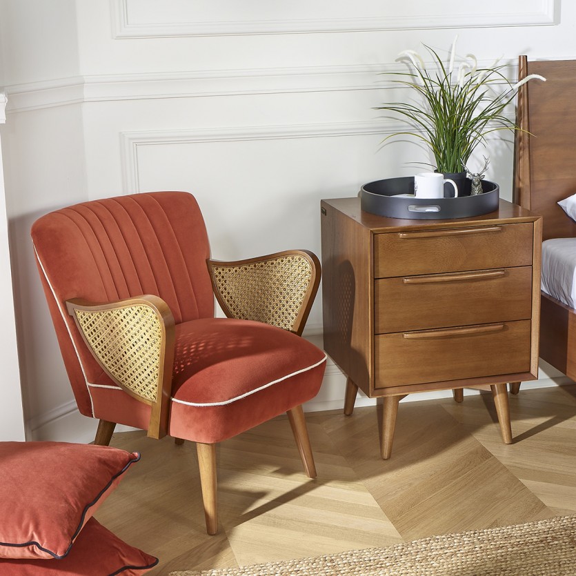 SEVENTY - Nordic-style armchair in velvet fabric and cane, 1 seat