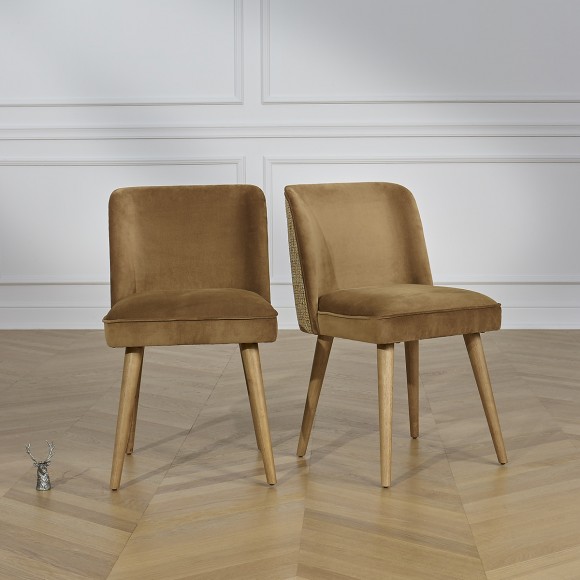 APOLLINE BRUSSELS - Nordic-style chairs in wood, velvet, and tweed fabric, set of 2