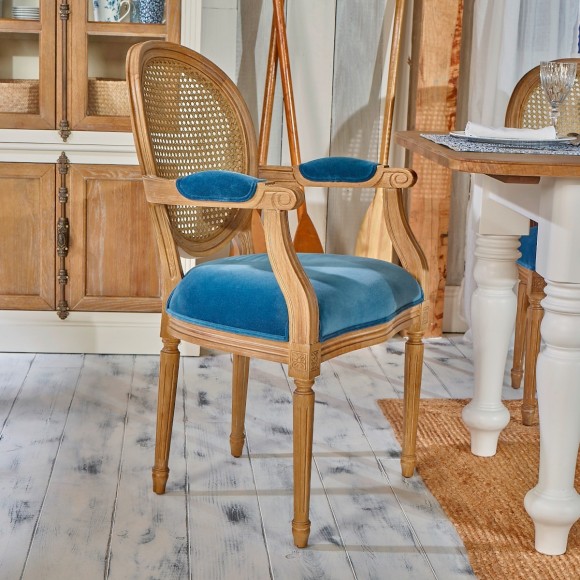 MEDAILLON - Fauteuil de table en cannage et velours bleu