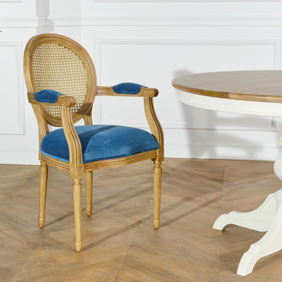 MEDAILLON - Fauteuil de table en cannage et velours bleu