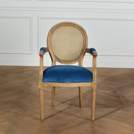 MEDAILLON - Fauteuil de table en cannage et velours bleu