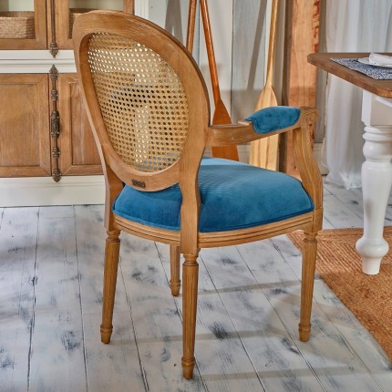 MEDAILLON - Fauteuil de table en cannage et velours bleu