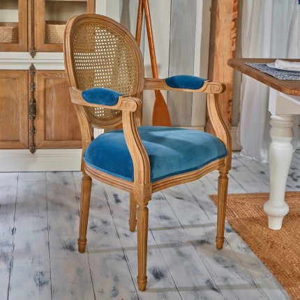 MEDAILLON - Fauteuil salon en cannage et velours bleu - SATIO