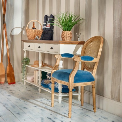 MEDAILLON - Fauteuil de table en cannage et velours bleu - SATIO