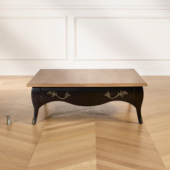 BARBARA - Square coffee table with a romantic style in solid wood, oak top, 1 drawer