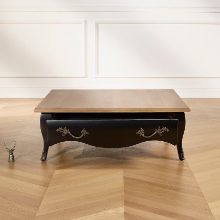 BARBARA - Square coffee table with a romantic style in solid wood, oak top, 1 drawer