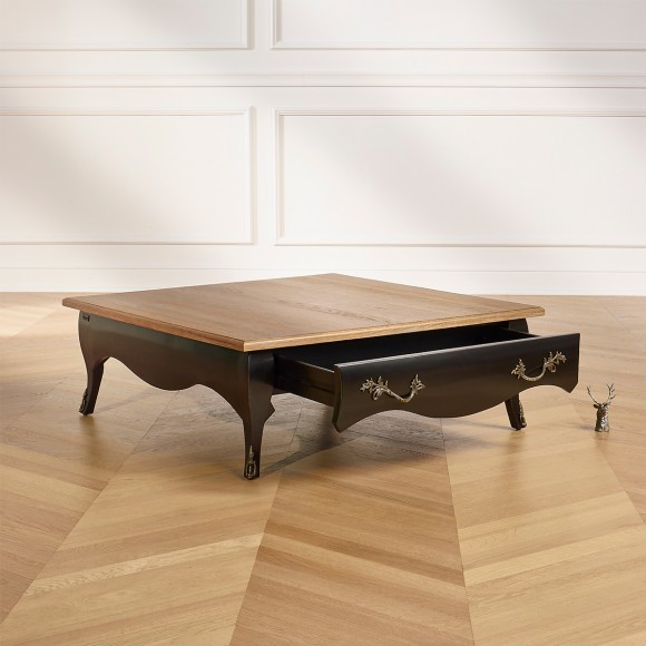 BARBARA - Square coffee table with a romantic style in solid wood, oak top, 1 drawer