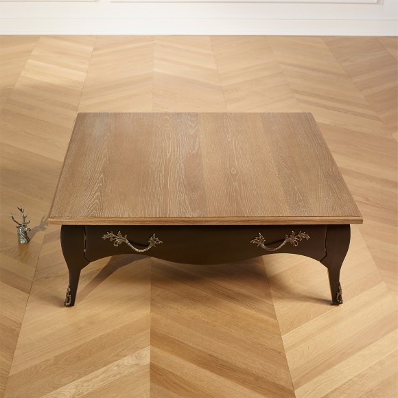 BARBARA - Square coffee table with a romantic style in solid wood, oak top, 1 drawer