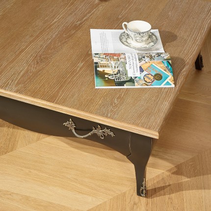 BARBARA - Square coffee table with a romantic style in solid wood, oak top, 1 drawer