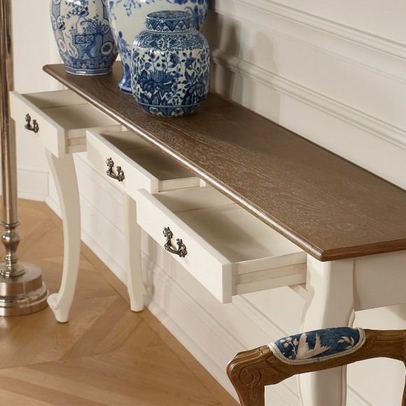 LOUIS - Large console in romantic style made of solid wood, oak top, 3 drawers