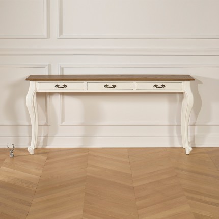 LOUIS - Grande consolle stile romantico in legno massiccio, piano in rovere, 3 cassetti