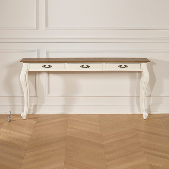 LOUIS - Gran consola de estilo romántico en madera maciza, tablero de roble, 3 cajones