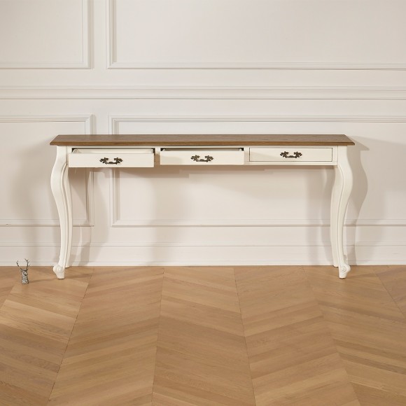 LOUIS - Grande consolle stile romantico in legno massiccio, piano in rovere, 3 cassetti