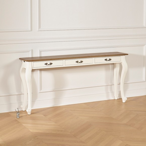 LOUIS - Grande consolle stile romantico in legno massiccio, piano in rovere, 3 cassetti