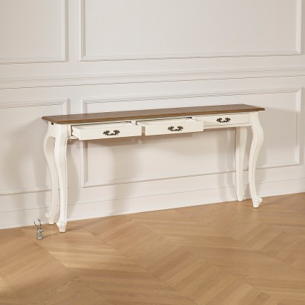 LOUIS - Grande consolle stile romantico in legno massiccio, piano in rovere, 3 cassetti