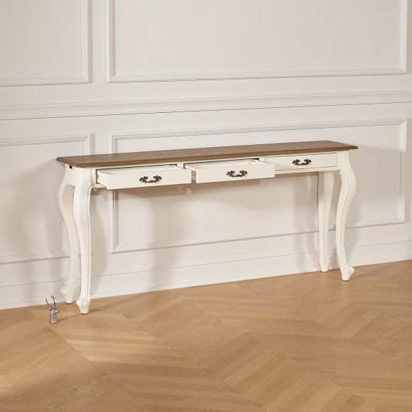 LOUIS - Grande consolle stile romantico in legno massiccio, piano in rovere, 3 cassetti