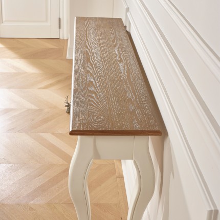 LOUIS - Grande consolle stile romantico in legno massiccio, piano in rovere, 3 cassetti