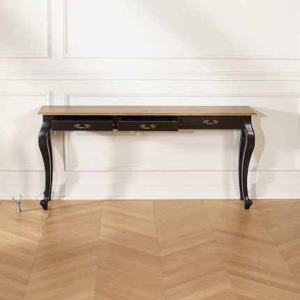 LOUIS - Grande console style romantique en bois massif, plateau en chêne, 3 tiroirs