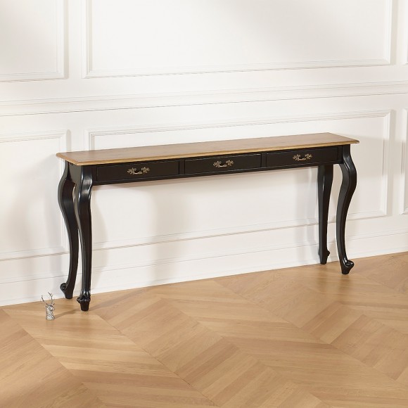 LOUIS - Grande console style romantique en bois massif, plateau en chêne, 3 tiroirs