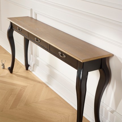 LOUIS - Grande console style romantique en bois massif, plateau en chêne, 3 tiroirs