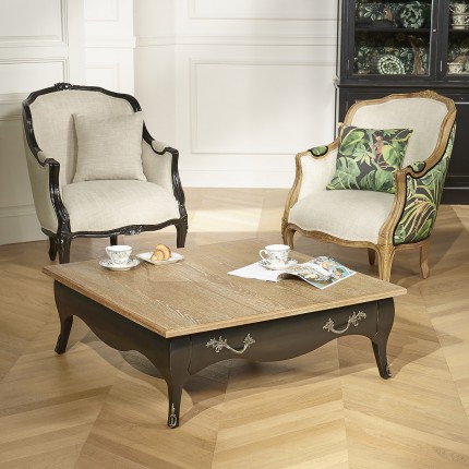 BARBARA - Square coffee table with a romantic style in solid wood, oak top, 1 drawer