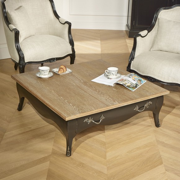 BARBARA - Square coffee table with a romantic style in solid wood, oak top, 1 drawer