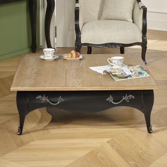 BARBARA - Square coffee table with a romantic style in solid wood, oak top, 1 drawer