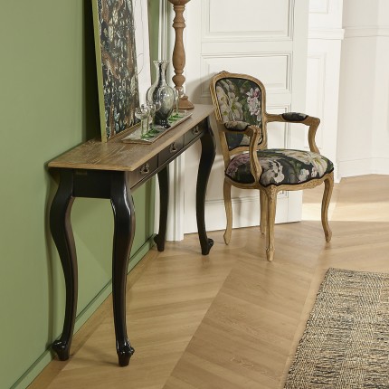 LOUIS - Grande consolle stile romantico in legno massiccio, piano in rovere, 3 cassetti