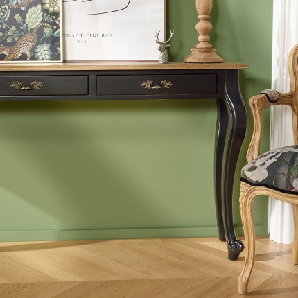 LOUIS - Grande consolle stile romantico in legno massiccio, piano in rovere, 3 cassetti