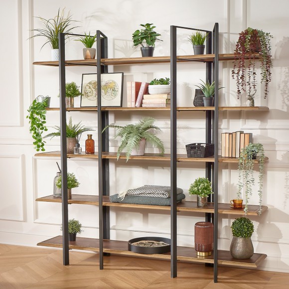 YORK - Industrial style shelf in oak and metal, 5 shelves