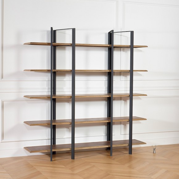 YORK - Industrial style shelf in oak and metal, 5 shelves