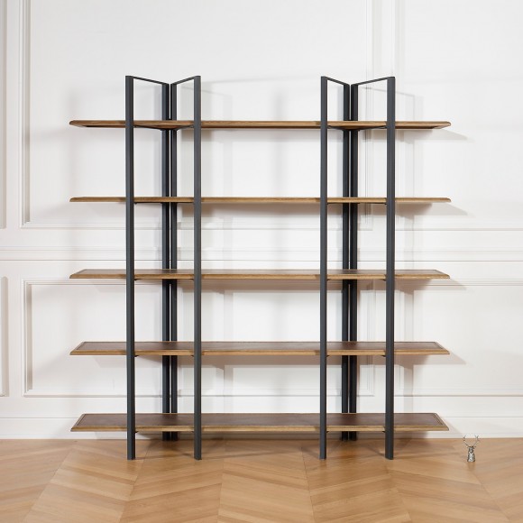 YORK - Industrial style shelf in oak and metal, 5 shelves