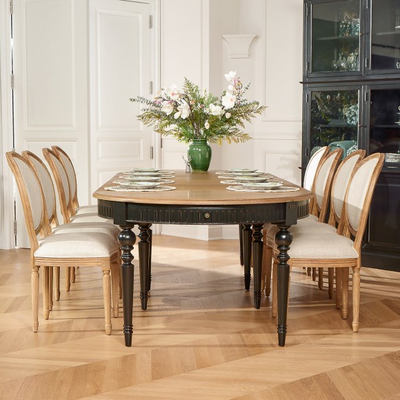 AUDE - Extendable dining table in a romantic style made of oak, black legs, seats 6/16