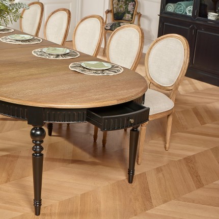 AUDE - Extendable dining table in a romantic style made of oak, black legs, seats 6/16