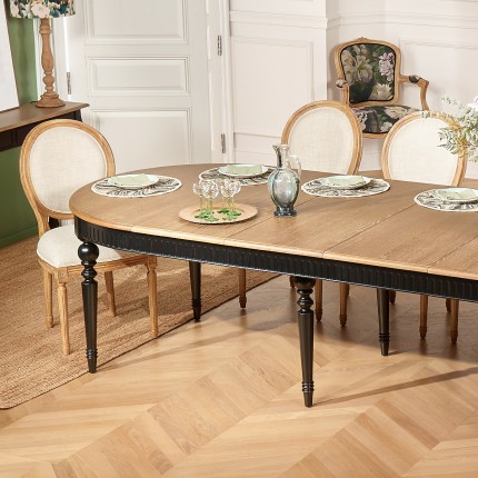 AUDE - Extendable dining table in a romantic style made of oak, black legs, seats 6/16