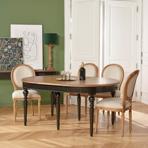 AUDE - Extendable dining table in a romantic style made of oak, black legs, seats 6/16