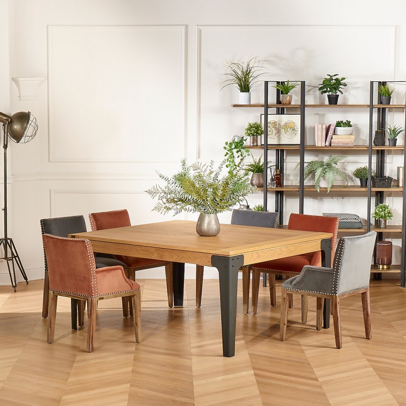Table de repas carrée en bois et métal style industriel, 10 couverts